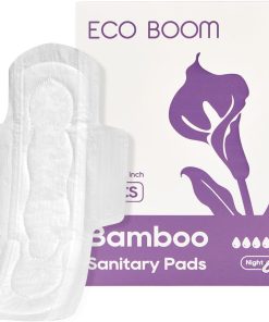 ECO BOOM Sanitary Pads for Women, Bamboo Viscose, Ultra Thin Pads with Wings, Overnight, Unscented, 8 Count, 1 Pack