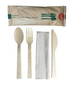 H&Co Bamboo Tableware Set, 17 cm, 100 Packs of Fork + Spoon + Knife + Napkin