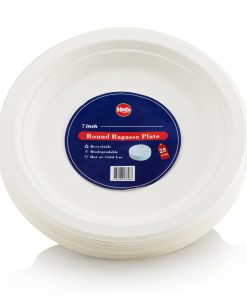 H&Co Round Bamboo Bagasse Plates, 25 Pack, 7 Inch, Biodegradable, Hot or Cold Use
