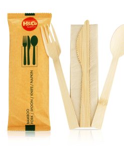 H&Co Bamboo Cutlery Set | 100 Sets of Fork, Spoon, Knife, and Napkin