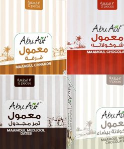 Abu Auf Maamoul Dates Bundle Pack, Mixed Flavours, Chocolate, White Chocolate, Mejdoul, Cinnamon, 12 Pieces per Pack, 4 Packs